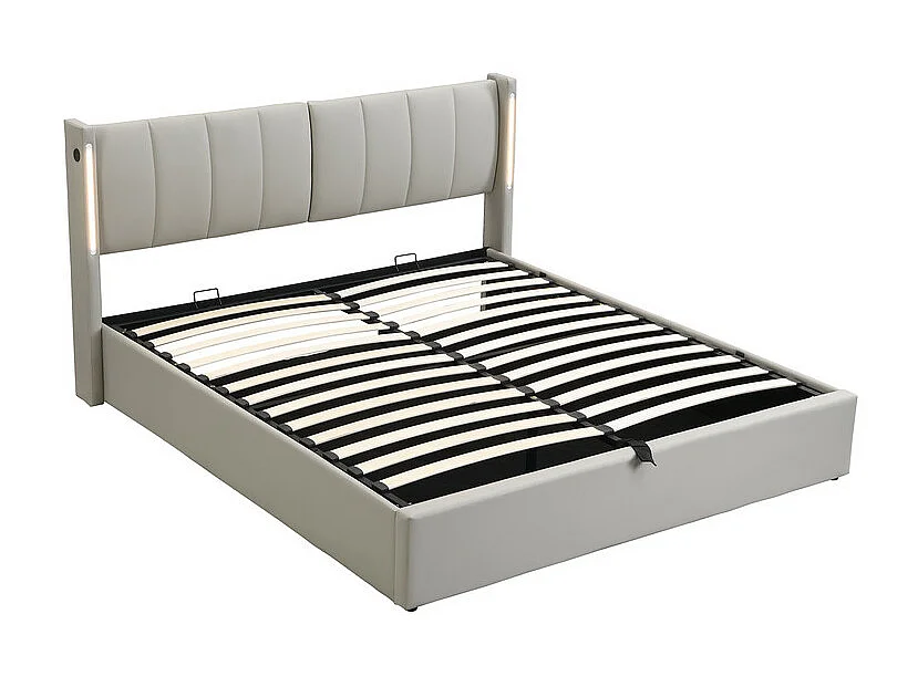 Gestoffeerd kunstleer opbergbed - 180x200cm - met USB-poort en LED - verstelbaar hoekhoofdeinde - Grijs