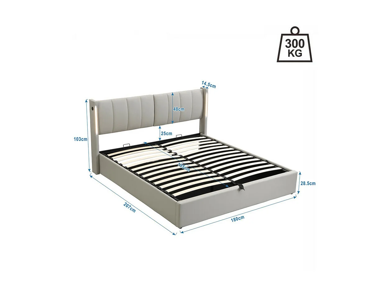 Gestoffeerd kunstleer opbergbed - 180x200cm - met USB-poort en LED - verstelbaar hoekhoofdeinde - Grijs