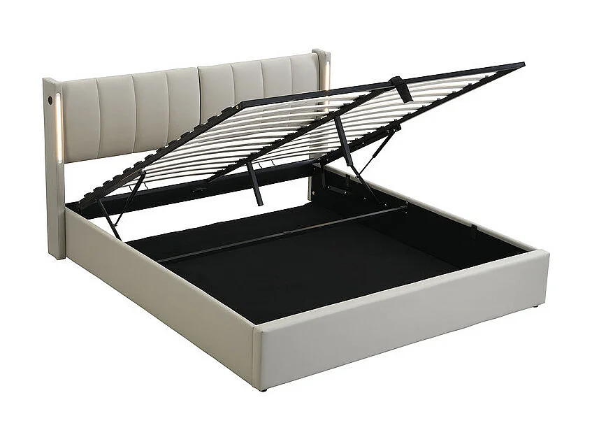 Gestoffeerd kunstleer opbergbed - 180x200cm - met USB-poort en LED - verstelbaar hoekhoofdeinde - Grijs