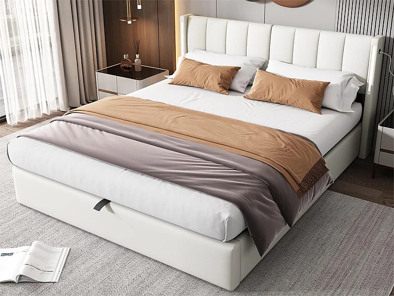 Gepolstertes Stauraumbett aus Kunstleder – 160 x 200 cm – mit USB-Anschluss und LED – verstellbares Kopfteil – Weiß