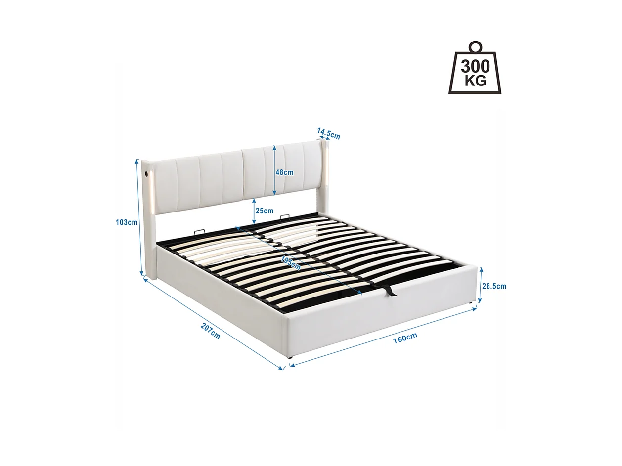 Lit coffre rembourré en similicuir - 160x200cm - avec Port USB et LED - tête de lit à angle réglable - Blanc