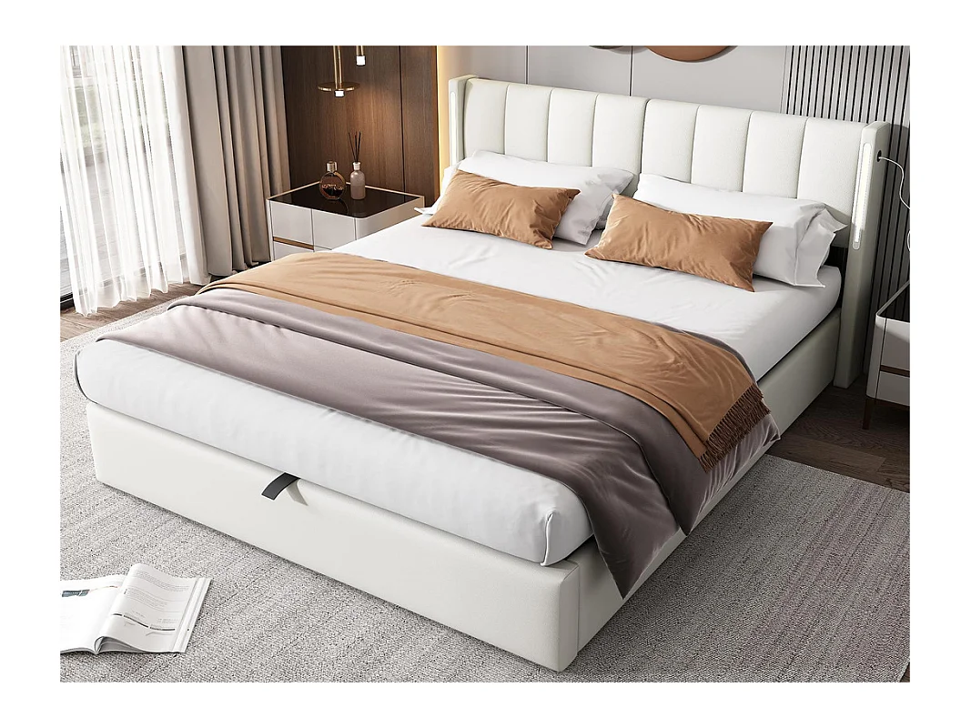 Lit coffre rembourré en similicuir - 160x200cm - avec Port USB et LED - tête de lit à angle réglable - Blanc