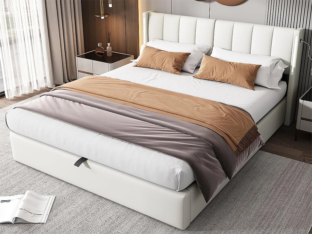 Gestoffeerd kunstleer opbergbed - 160x200cm - met USB-poort en LED - verstelbaar hoekhoofdeinde - Wit