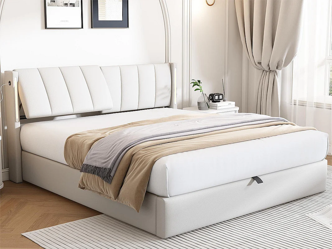 Letto contenitore imbottito in ecopelle - 140x200 cm - con porta USB e LED - testiera ad inclinazione regolabile - Bianco