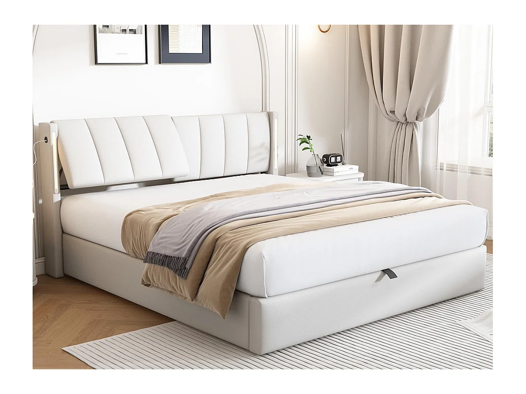 Lit coffre rembourré en similicuir - 140x200cm - avec Port USB et LED - tête de lit à angle réglable - Blanc