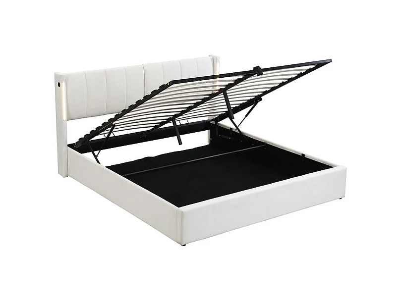 Gepolstertes Stauraumbett aus Kunstleder – 140 x 200 cm – mit USB-Anschluss und LED – verstellbares Kopfteil – Weiß