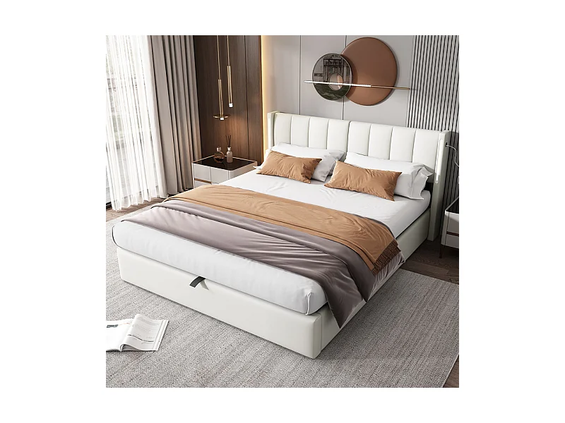 Gepolstertes Stauraumbett aus Kunstleder – 140 x 200 cm – mit USB-Anschluss und LED – verstellbares Kopfteil – Weiß