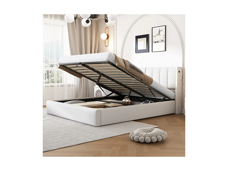 Gepolstertes Stauraumbett aus Kunstleder – 140 x 200 cm – mit USB-Anschluss und LED – verstellbares Kopfteil – Weiß