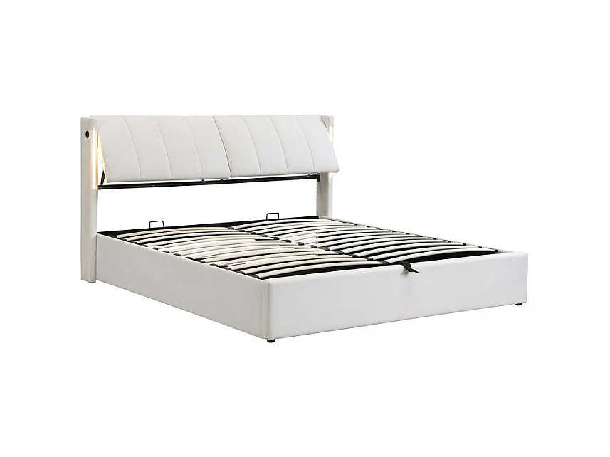 Gepolstertes Stauraumbett aus Kunstleder – 140 x 200 cm – mit USB-Anschluss und LED – verstellbares Kopfteil – Weiß