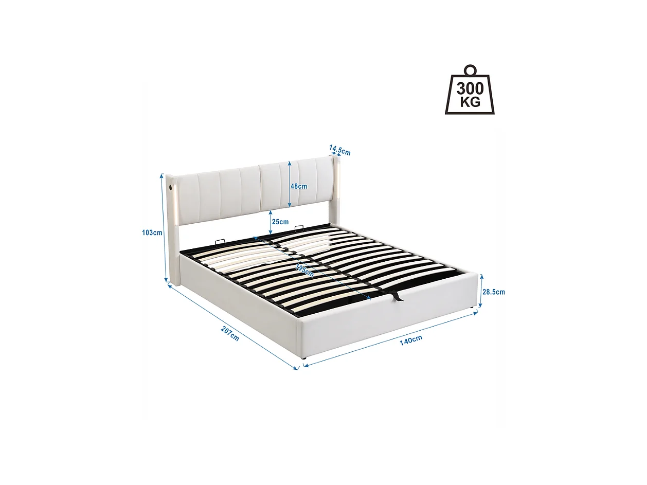 Gepolstertes Stauraumbett aus Kunstleder – 140 x 200 cm – mit USB-Anschluss und LED – verstellbares Kopfteil – Weiß