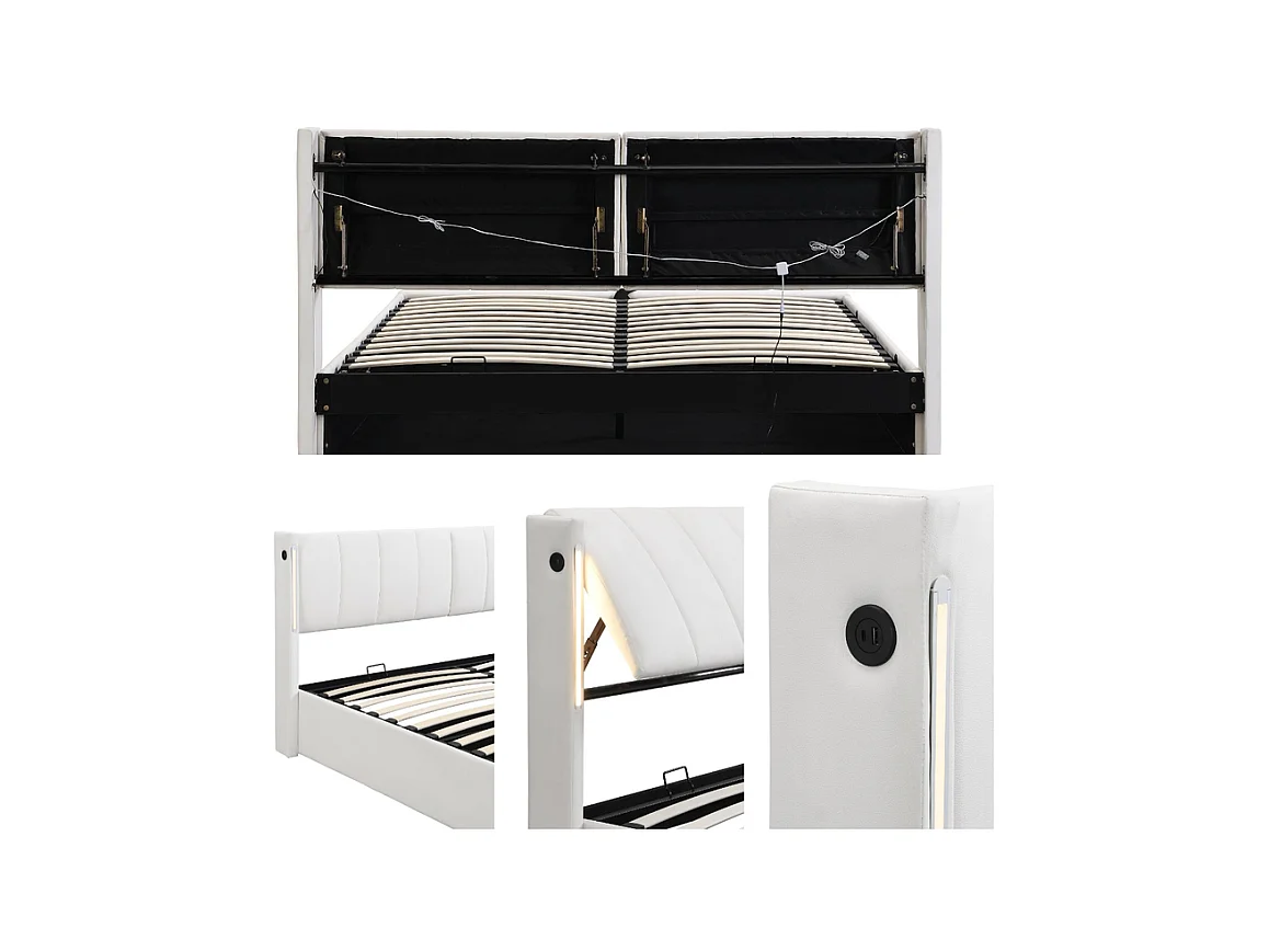 Gepolstertes Stauraumbett aus Kunstleder – 140 x 200 cm – mit USB-Anschluss und LED – verstellbares Kopfteil – Weiß