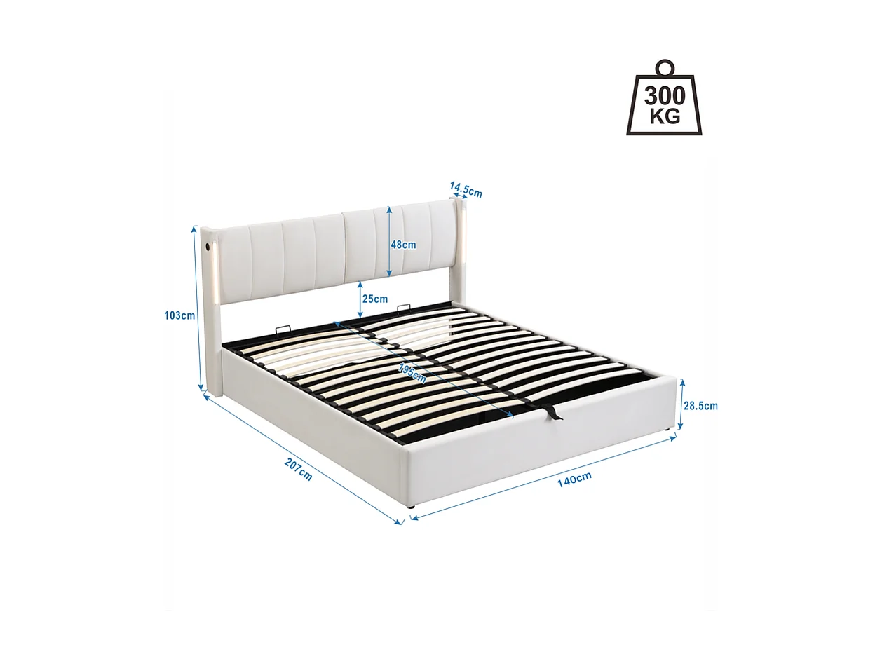 Lit coffre rembourré en similicuir - 140x200cm - avec Port USB et LED - tête de lit à angle réglable - Blanc