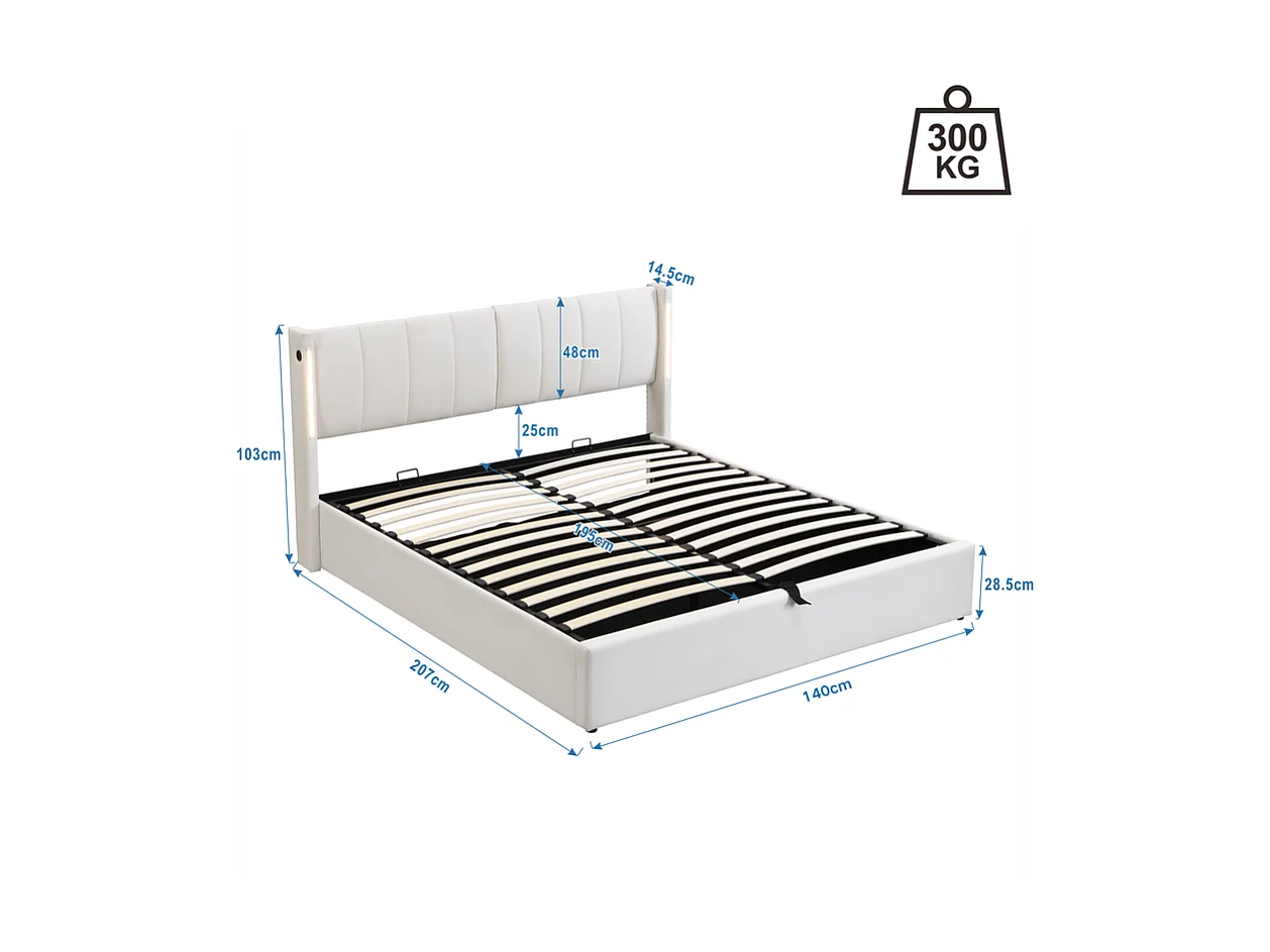Lit coffre rembourré en similicuir - 140x200cm - avec Port USB et LED - tête de lit à angle réglable - Blanc