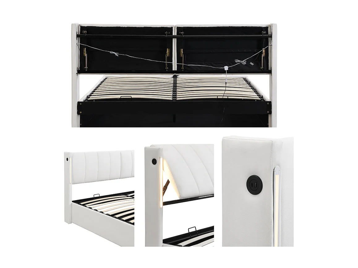 Lit coffre rembourré en similicuir - 140x200cm - avec Port USB et LED - tête de lit à angle réglable - Blanc