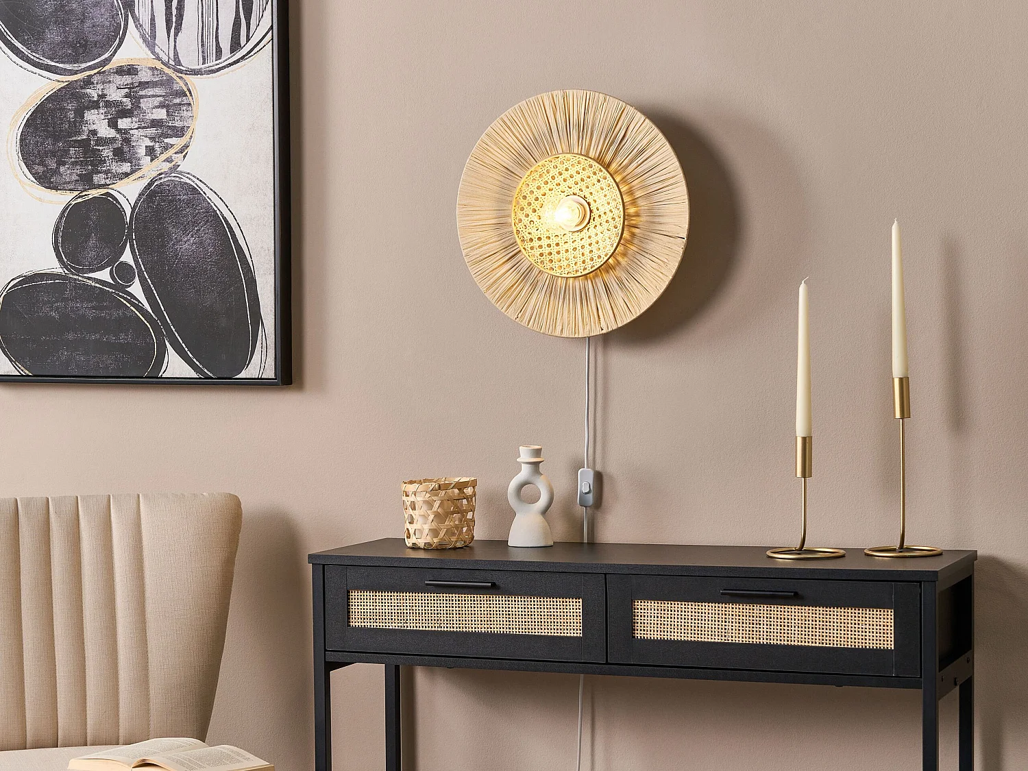 Wandleuchte Papier natürlich Rattan beige Wiener-Geflecht rund Boho Yaapi