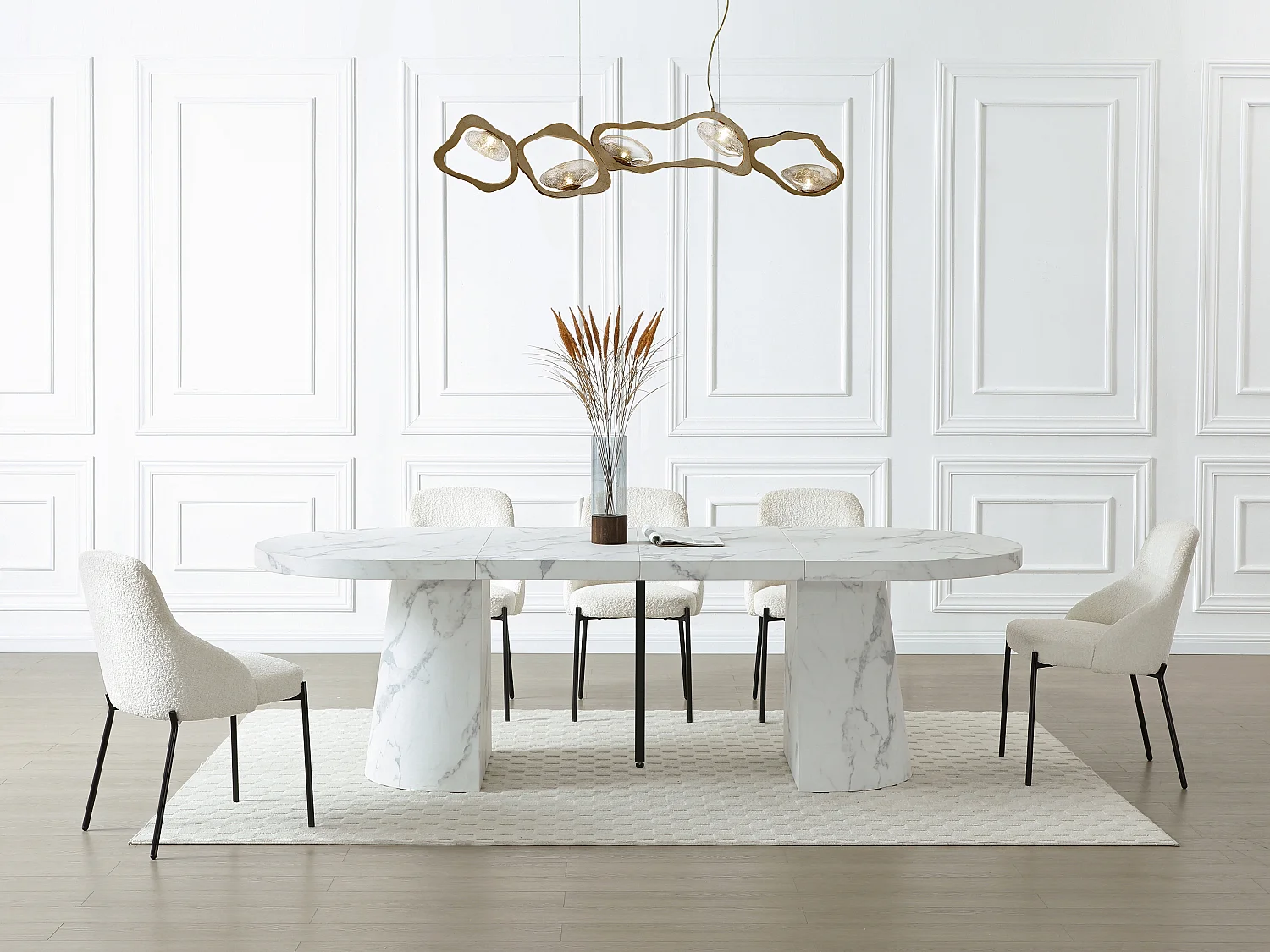 Table à manger extensible 6 à +12 personnes en MDF - Effet marbre blanc - CLOEVA