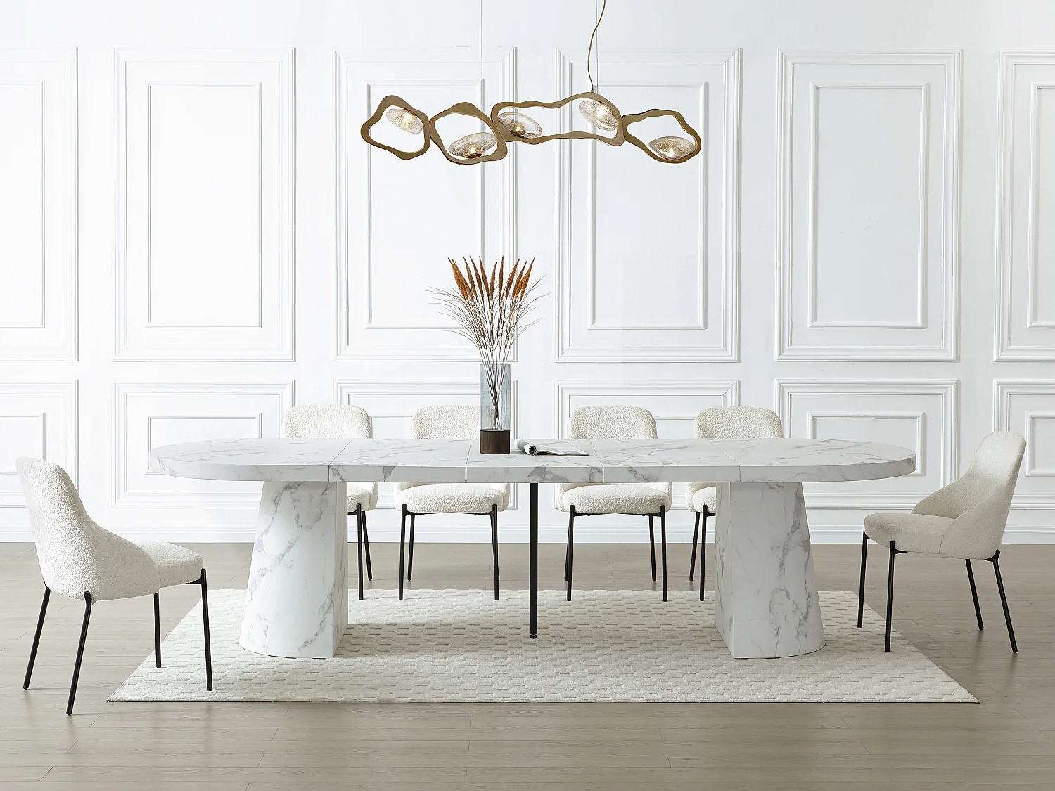 Table à manger extensible 6 à +12 personnes en MDF - Effet marbre blanc - CLOEVA