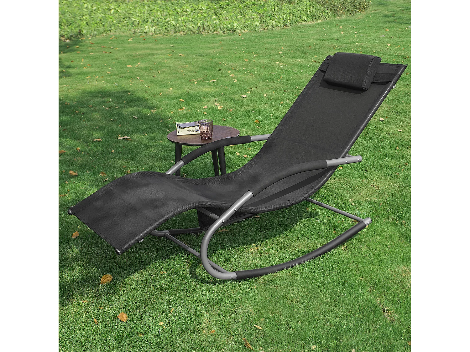 SoBuy Chaise Longue Transat de Jardin Bascule avec Appui-Tête Réglable, Pochette de Rangement et Repose-Pieds, Noir, OGS28-SCH
