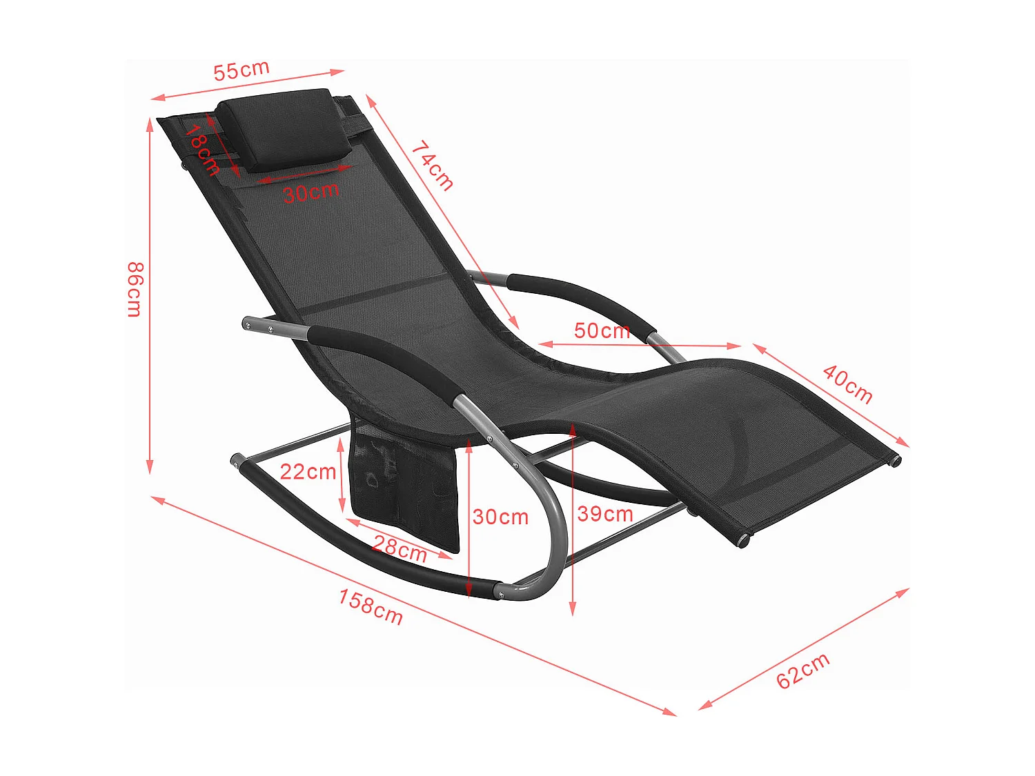 SoBuy Chaise Longue Transat de Jardin Bascule avec Appui-Tête Réglable, Pochette de Rangement et Repose-Pieds, Noir, OGS28-SCH