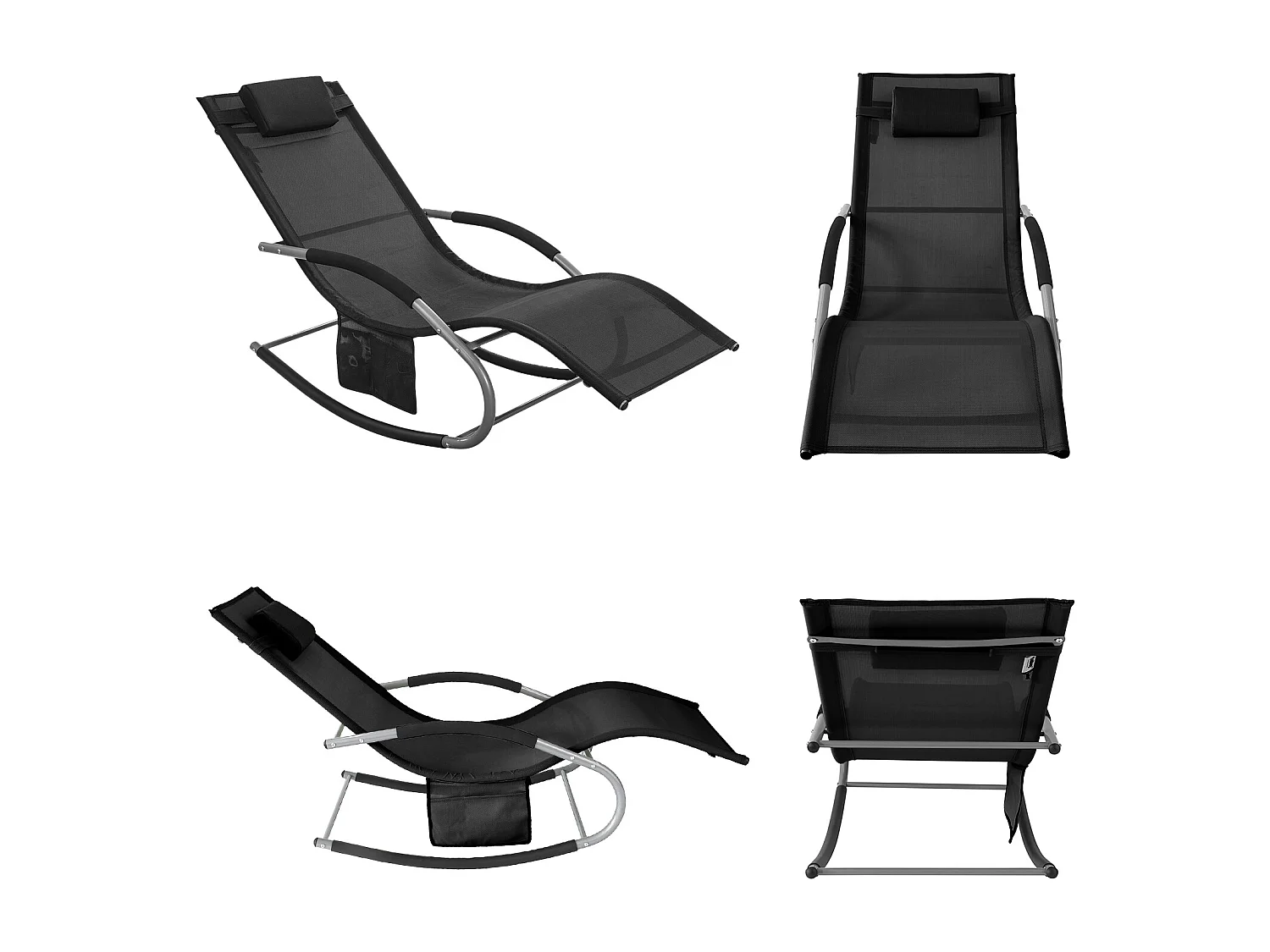 SoBuy Chaise Longue Transat de Jardin Bascule avec Appui-Tête Réglable, Pochette de Rangement et Repose-Pieds, Noir, OGS28-SCH