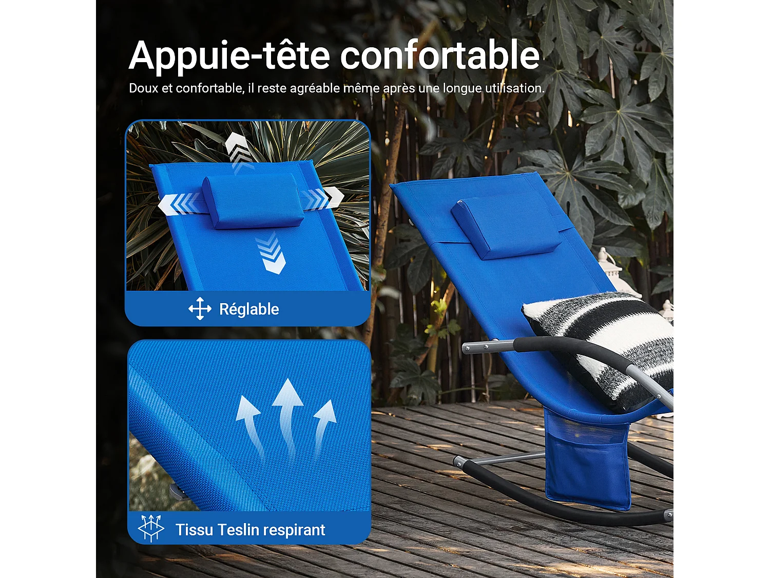 SoBuy OGS28-KB Chaise Longue Transat de Jardin Bascule avec Appui-tête Réglable et Pochette latérale | Prévente