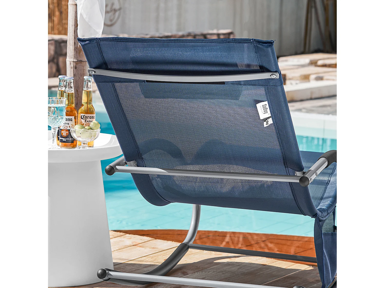 SoBuy Ligstoel Schommelstoel met Hoofdsteun en Zijvak en Voetsteun Comfortabele Tuin Ligstoel Schommelstoel, OGS28-NB