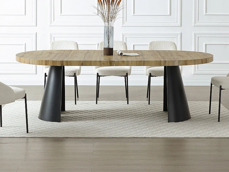 Table à manger extensible 4 à 12 personnes en MDF et métal noir - Naturel clair - JARELIA