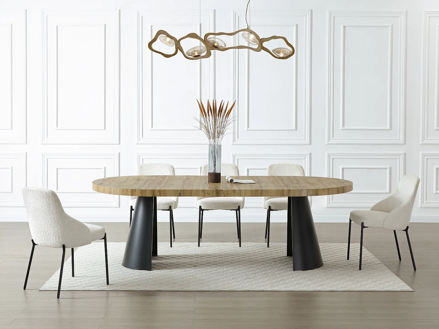 Table à manger extensible 4 à 12 personnes en MDF et métal noir - Naturel clair - JARELIA