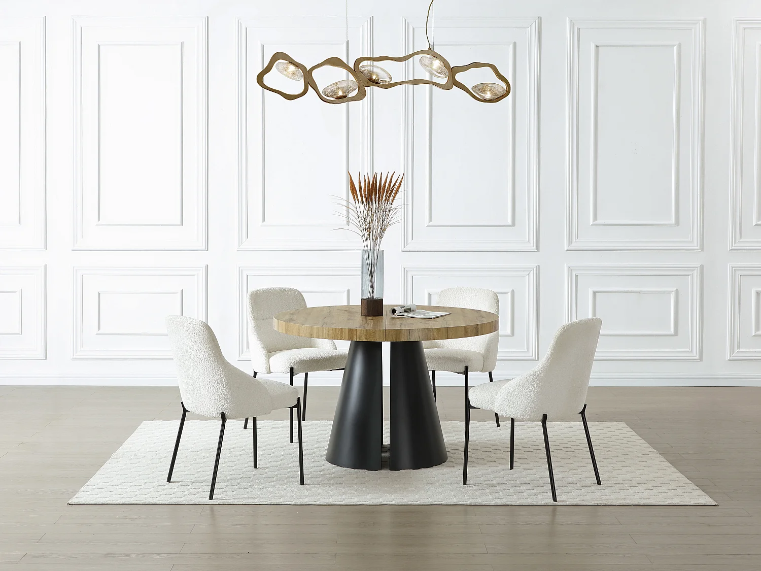 Table à manger extensible 4 à 12 personnes en MDF et métal noir - Naturel clair - JARELIA