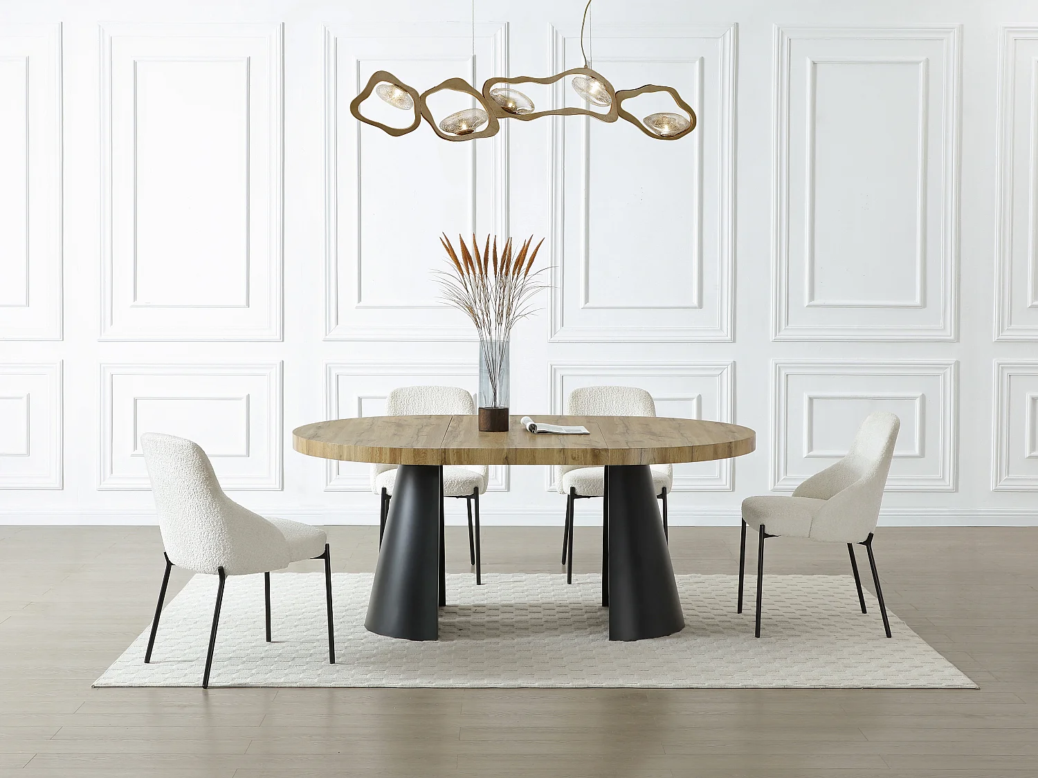 Uitschuifbare eettafel 4 tot 12 plaatsen van mdf en zwart metaal - Licht naturel - JARELIA