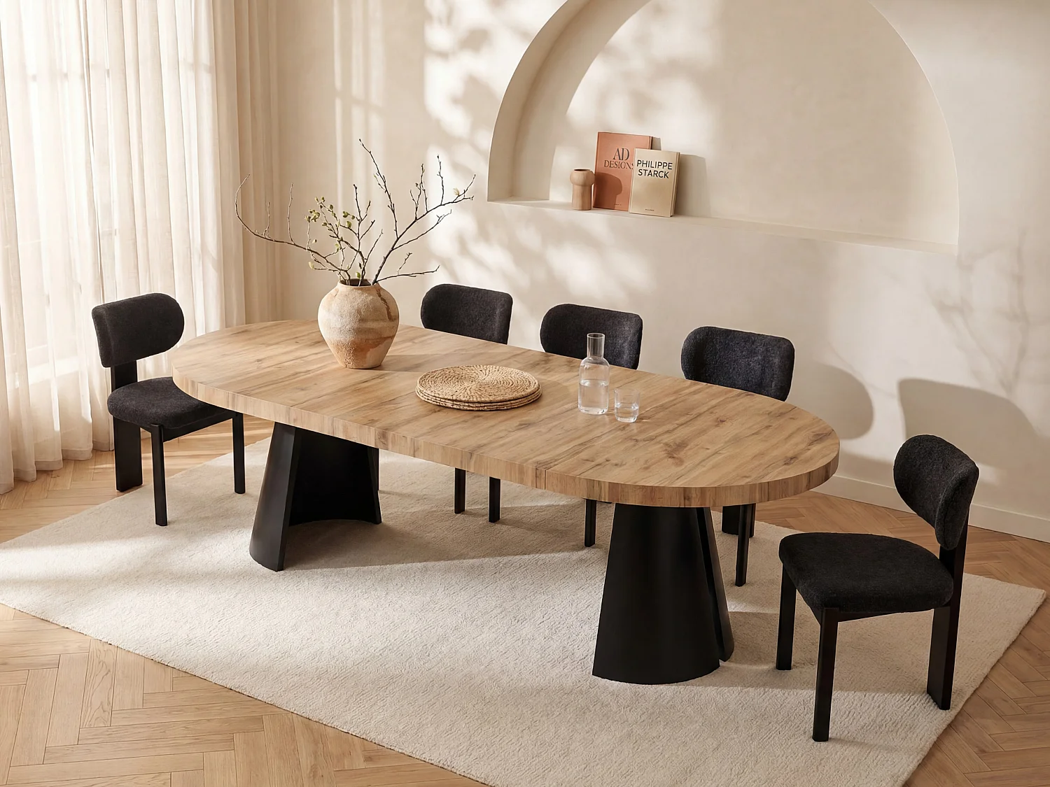 Extendable dining table 4 to 12 people in MDF and black metal - Light natural - JARELIA