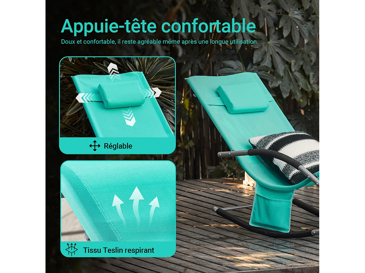 SoBuy OGS28-TB Chaise Longue Transat de Jardin Bascule avec Appui-tête Réglable et Pochette latérale | Prévente