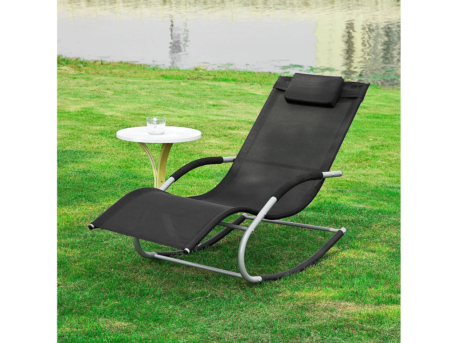 SoBuy Chaise Longue Transat de Jardin Bascule avec Appui-Tête Réglable, Pochette de Rangement et Repose-Pieds, Noir, OGS28-SCHx2