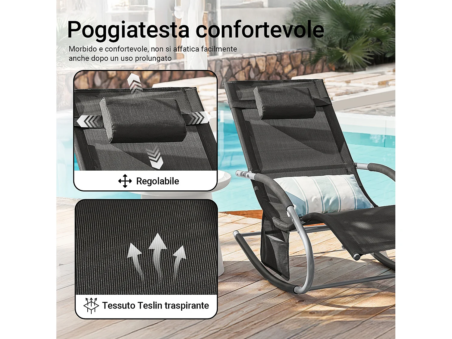 SoBuy Chaise Longue Transat de Jardin Bascule avec Appui-Tête Réglable, Pochette de Rangement et Repose-Pieds, Noir, OGS28-SCHx2