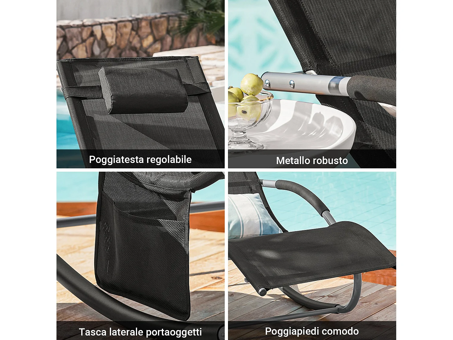 SoBuy Chaise Longue Transat de Jardin Bascule avec Appui-Tête Réglable, Pochette de Rangement et Repose-Pieds, Noir, OGS28-SCHx2