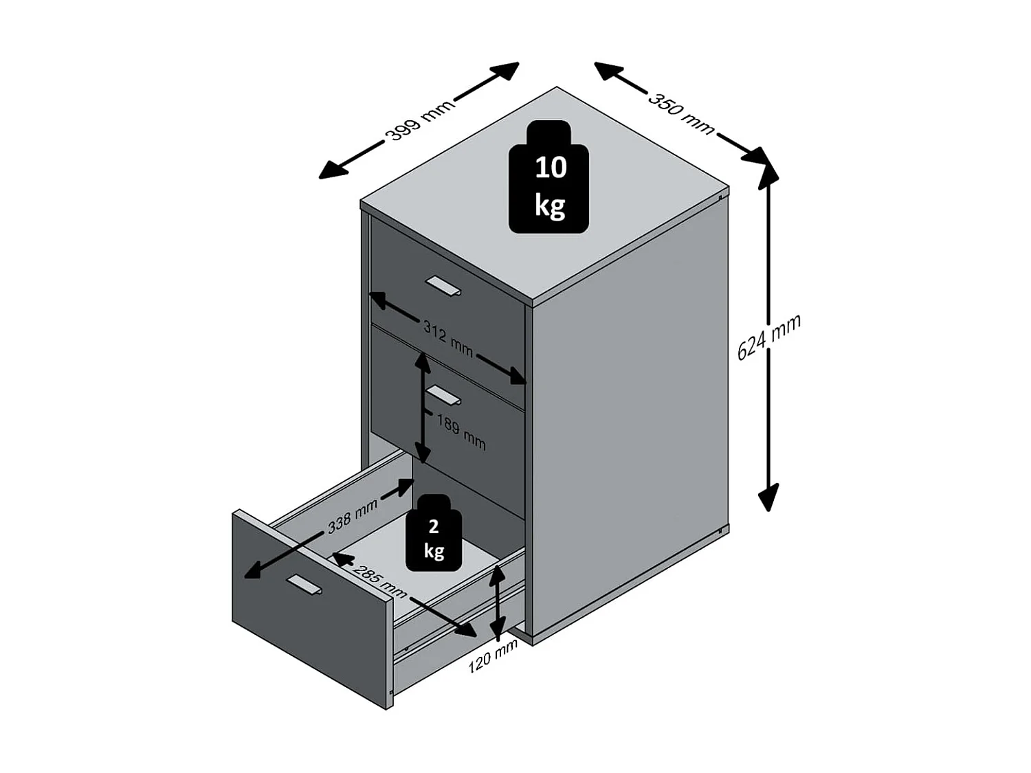 Nachtkastje met 3 lades wit