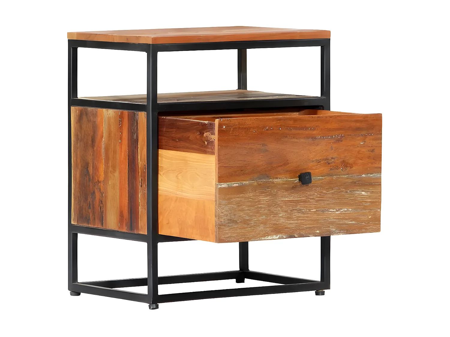 Table de chevet 1 tiroir bois massif recyclé et métal noir Cloust