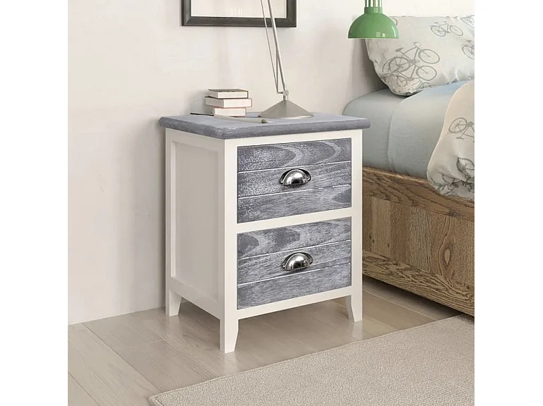 Table de chevet 2 tiroirs paulownia massif blanc et gris Onia