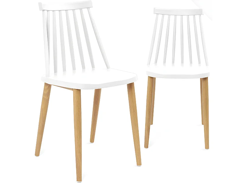 Lot 2 chaises de cuisine bistrot café siège plastique à barreaux pieds métal ton bois BAO (blanc)