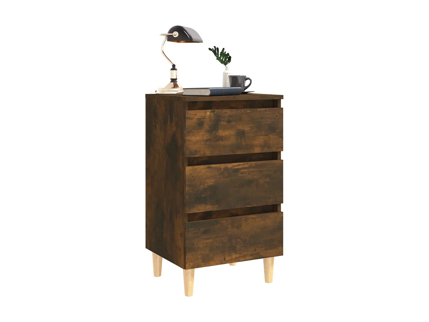 Table de chevet avec pieds en bois solide Chêne fumé 40x35x69