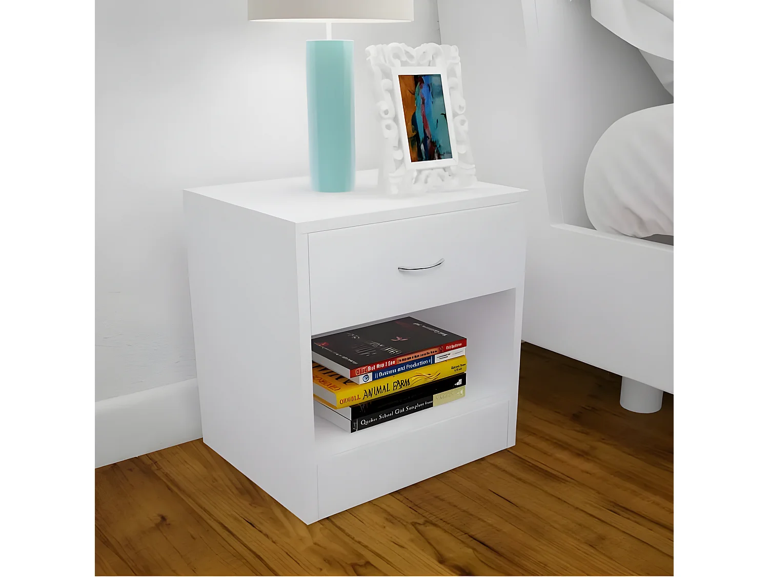 Table de chevet 1 tiroir 1 niche bois blanc Chickie - Lot de 2