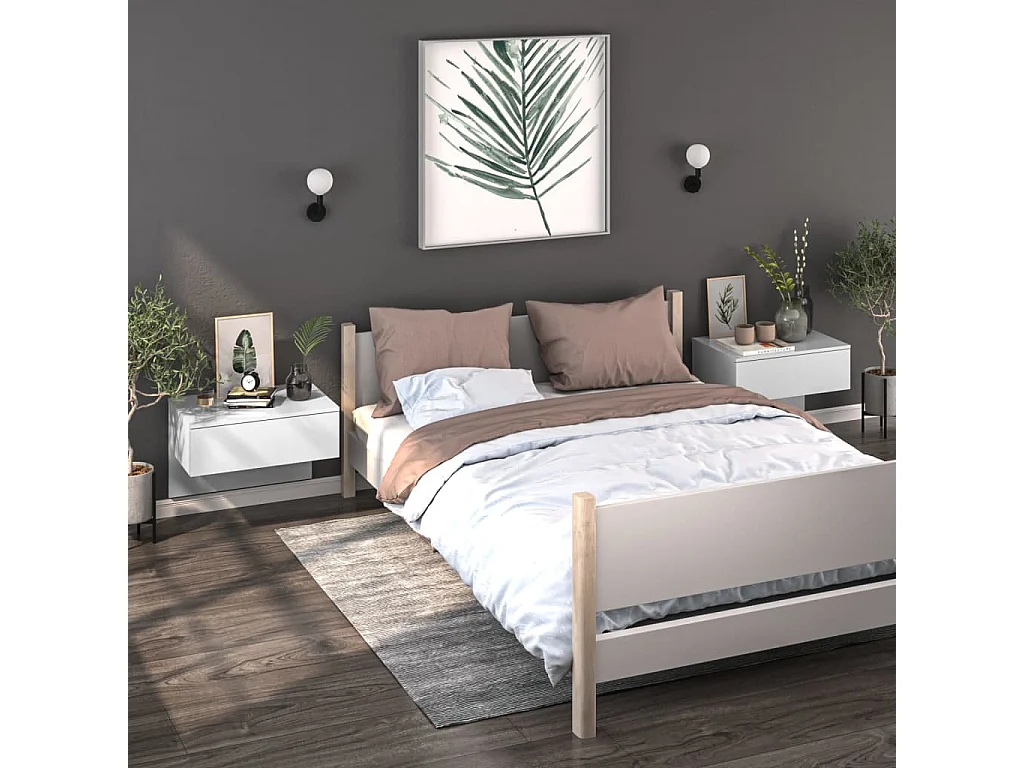 Tables de chevet murales 2 pcs Blanc brillant Bois d'ingénierie