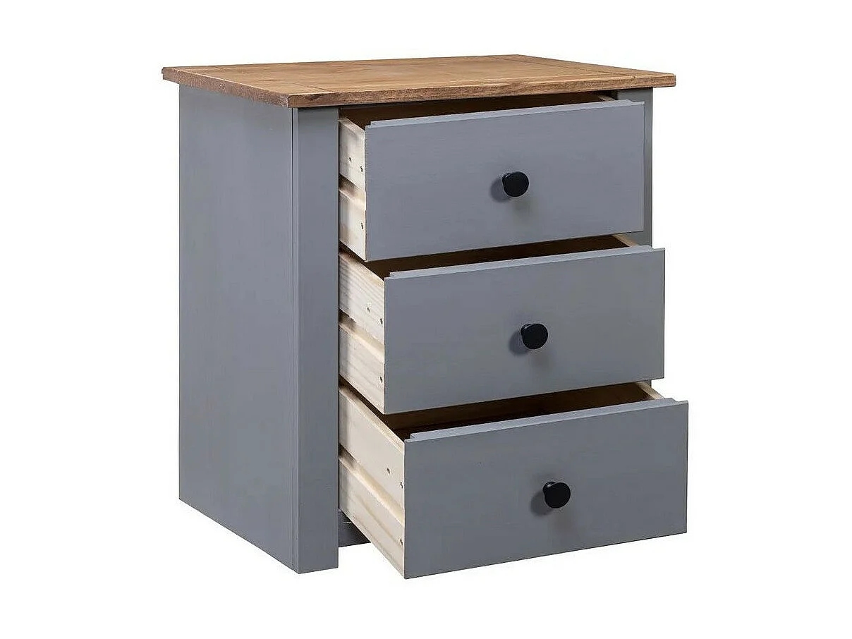 Table de chevet 3 tiroirs pin massif foncé et gris Daryl