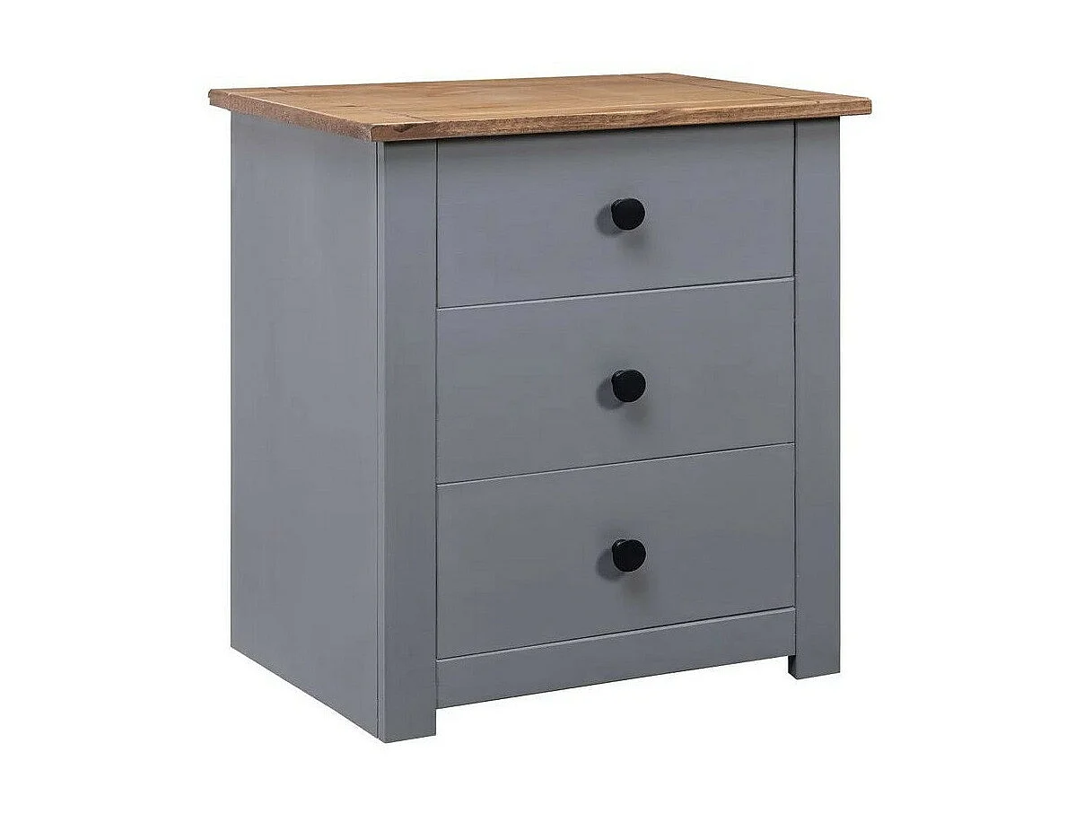 Table de chevet 3 tiroirs pin massif foncé et gris Daryl