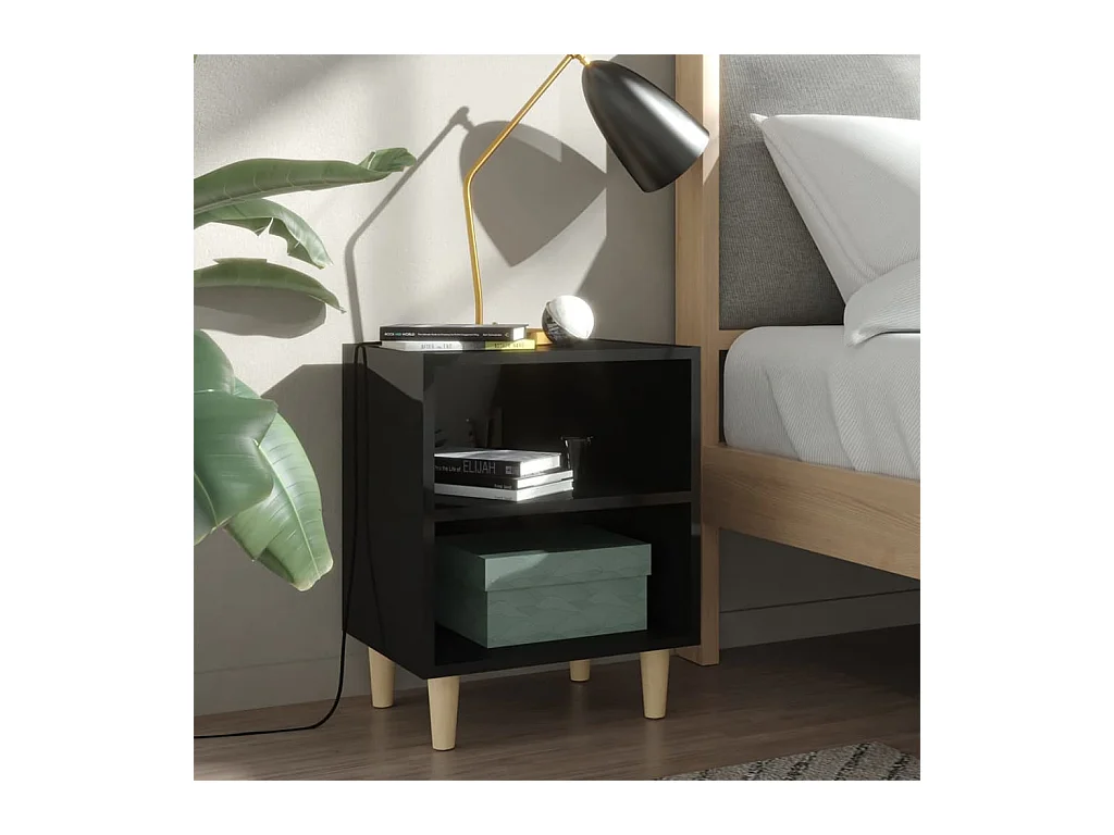 Table de chevet avec pieds en bois Noir brillant 40x30x50 2