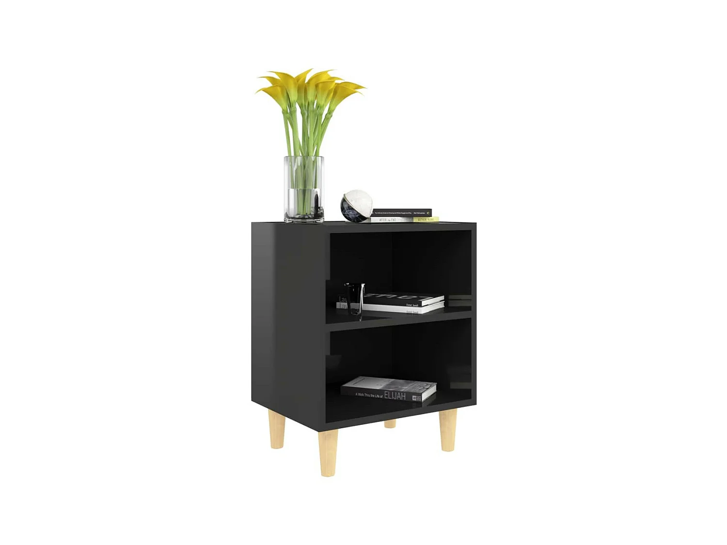 Table de chevet avec pieds en bois Noir brillant 40x30x50 2
