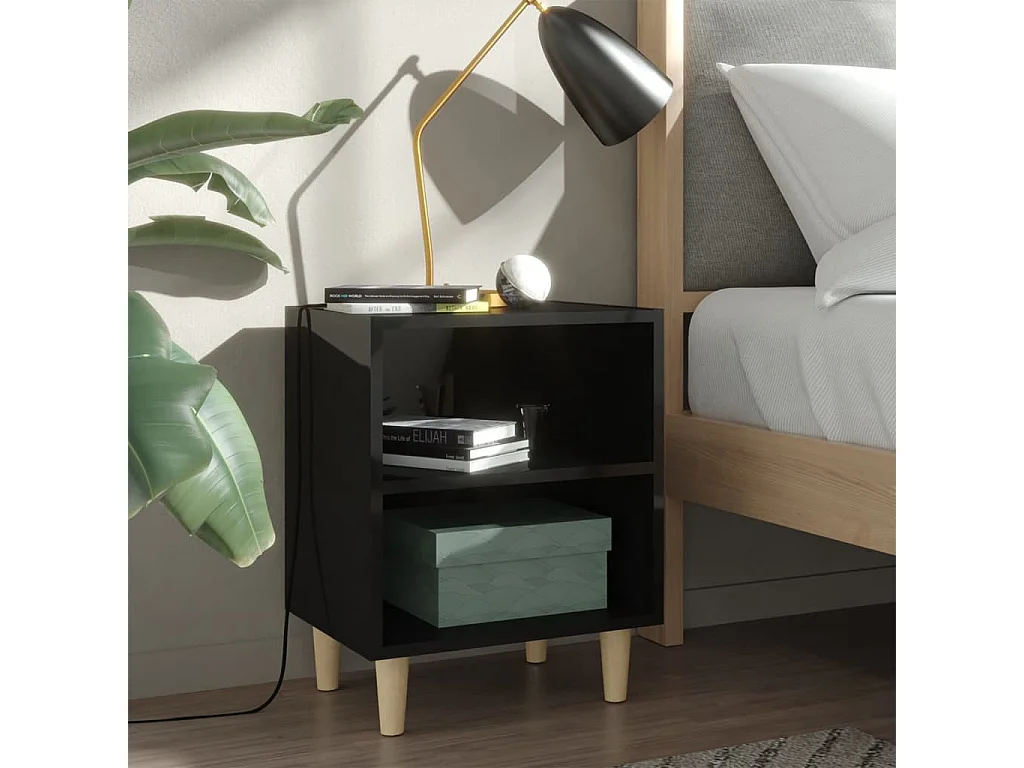 Table de chevet avec pieds en bois Noir brillant 40x30x50 2