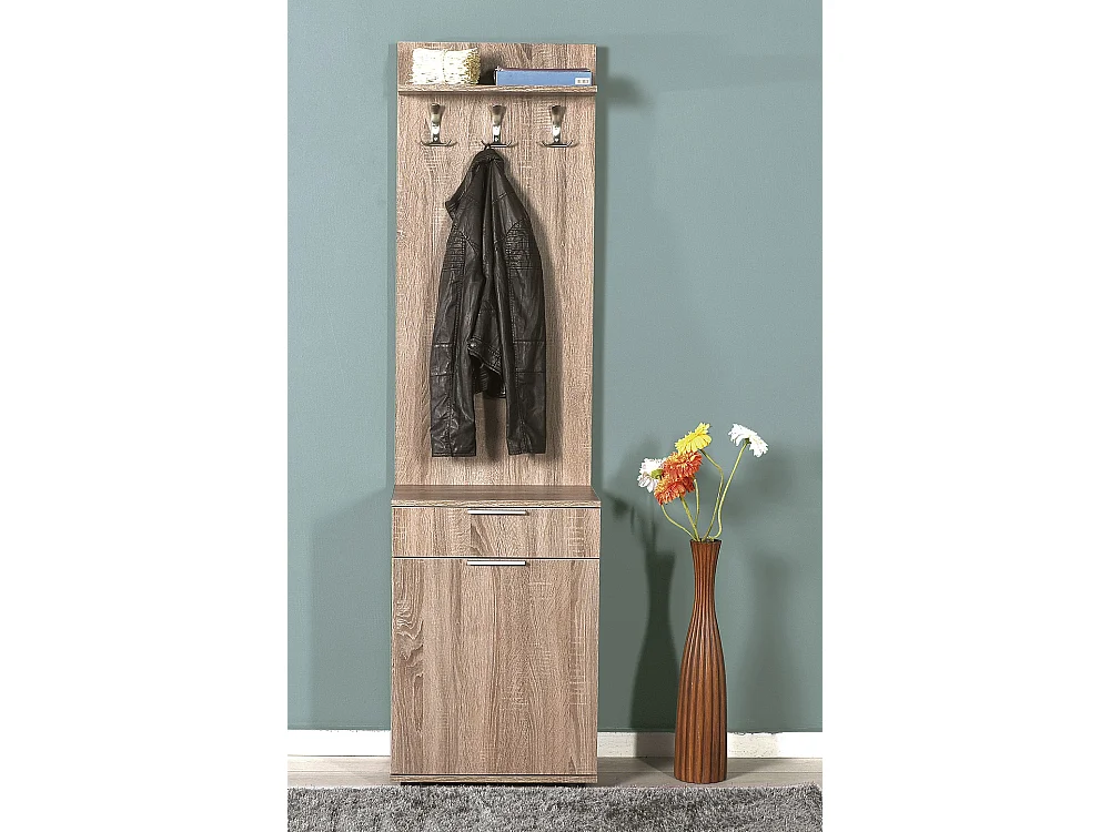 Meuble d'entrée, banc de vestiaire en bois avec 1 porte et tiroir coloris chêne