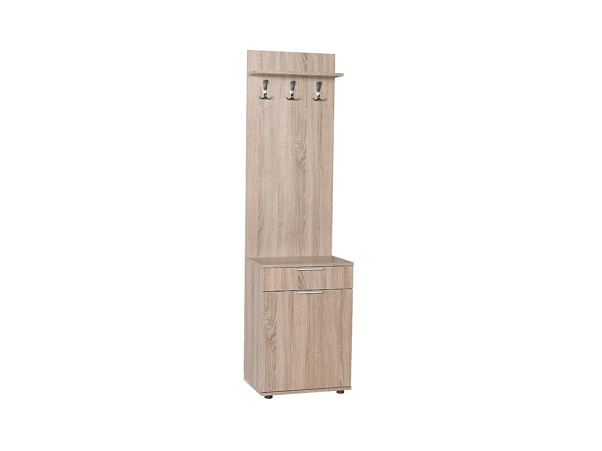 Meuble d'entrée, banc de vestiaire en bois avec 1 porte et tiroir coloris chêne