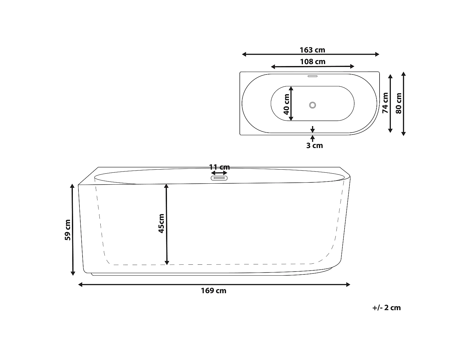 Badewanne GOCTA rechtsseitig 170 x 78 cm Weiss